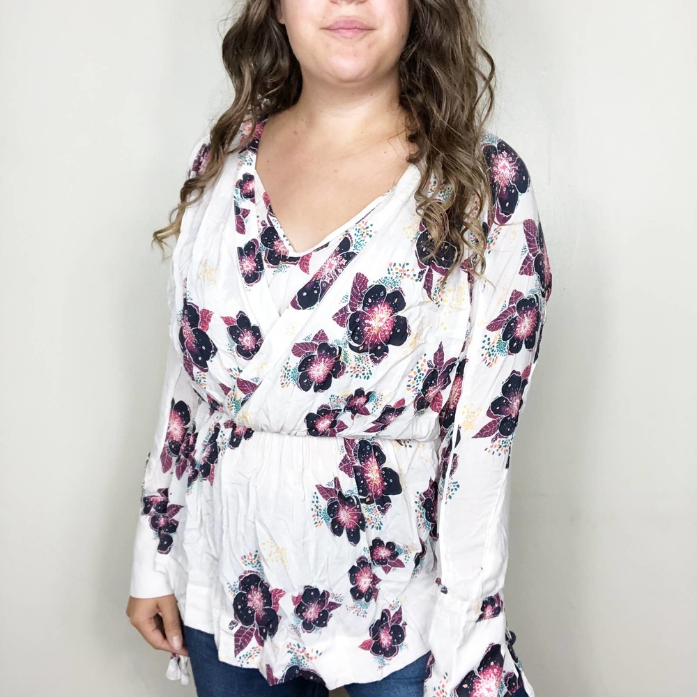 FREE PEOPLE | Women's XS Cream Purple Floral Tie Sleeve Blouse Flowy Boho